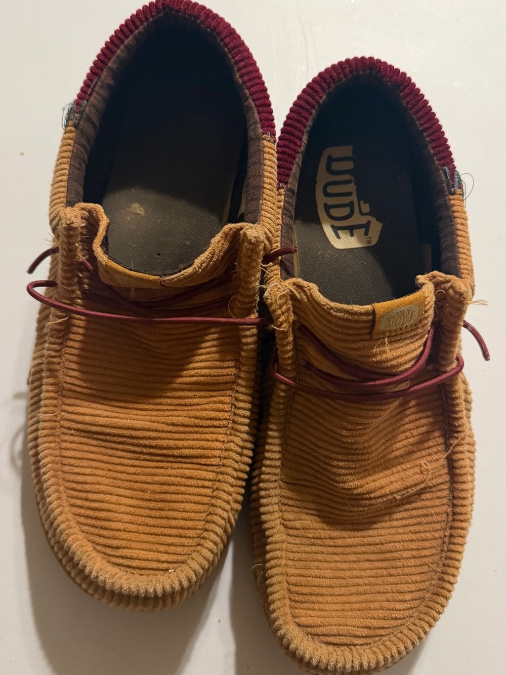 Hey Dude Corduroy Slip-On Loafers in Tan and Burgundy Trim